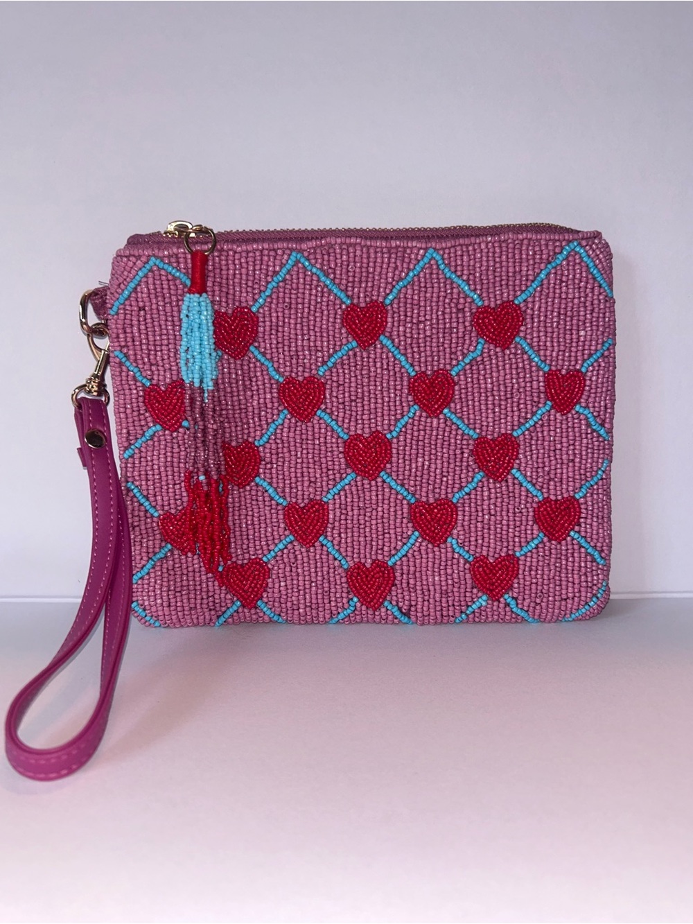 Sincerely Jules Beaded Heart Wristlet Clutch Pouch